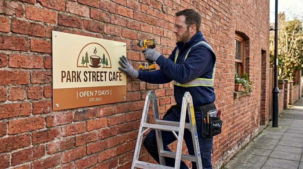 Installation of aluminium metal sign printing on exterior brick wall using pre drilled holes and fixings for secure and long lasting outdoor signage mounting.