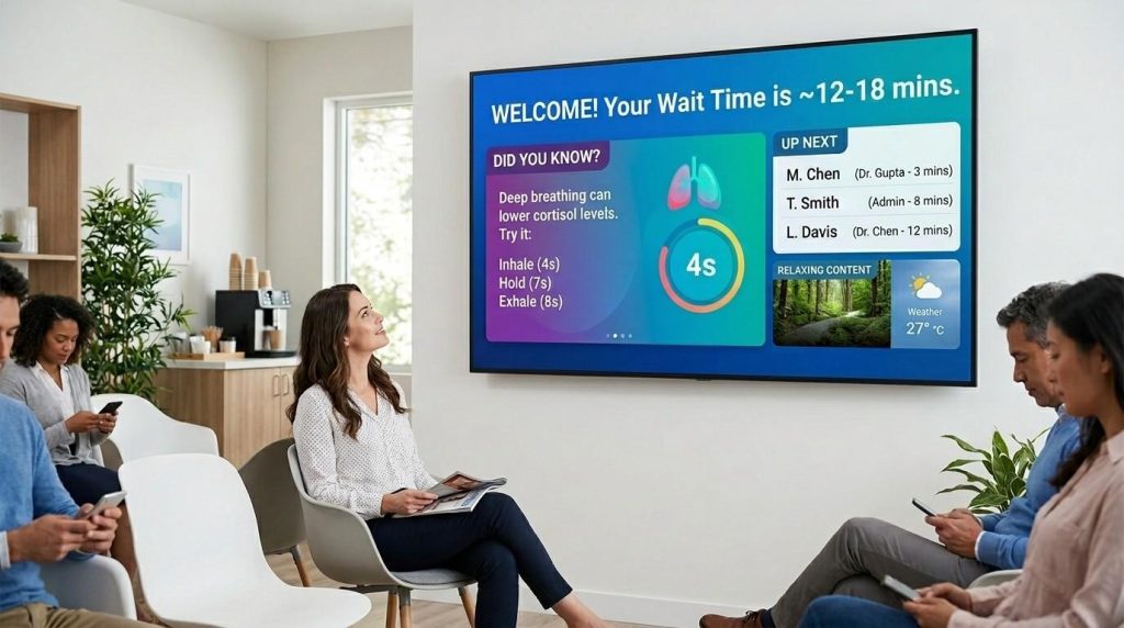 AI digital signage display in a waiting room showing engaging content to improve customer experience and reduce perceived waiting time.