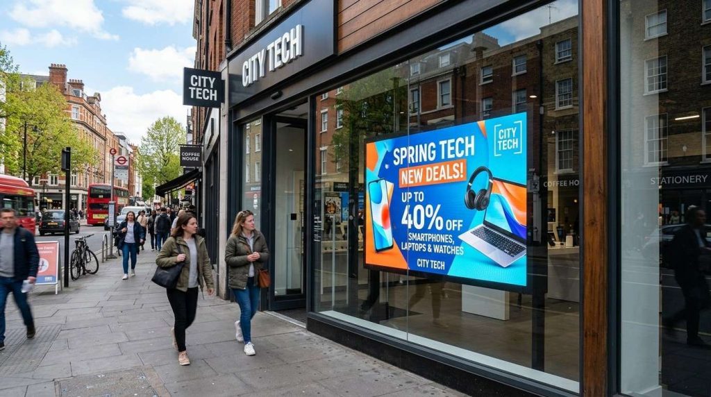 High brightness digital signage display in shop window visible from outside showing advertising content clearly in daylight conditions