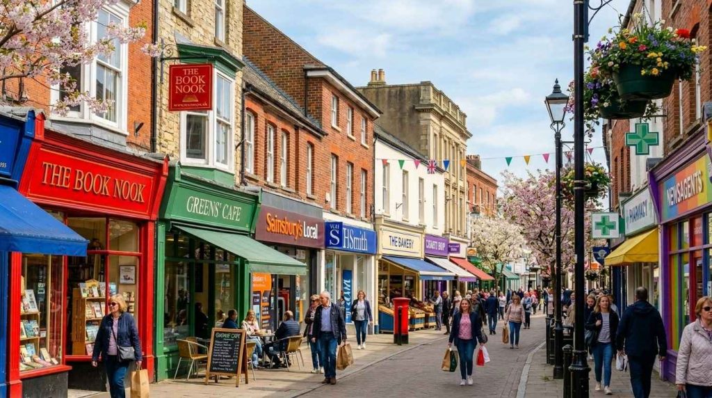 UK high street in spring showing shops with outdoor business signage, pavement signs, and colourful branding.