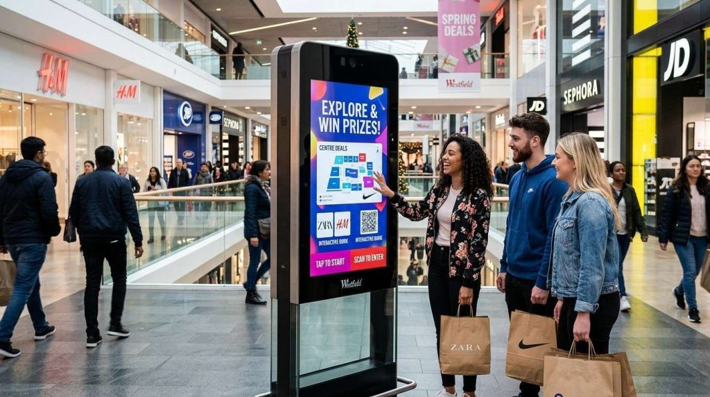 Floor standing digital signage display in shopping centre corridor showing advertisements and engaging passers by with promotional content