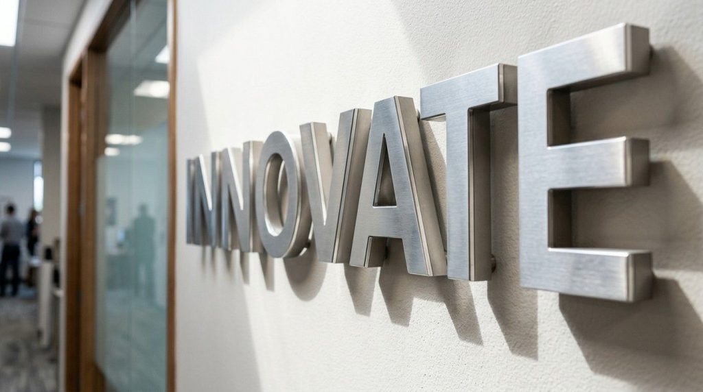 Close-up view of raised 3d wall signage letters mounted on an office wall showing depth, shadow lines, and premium finish