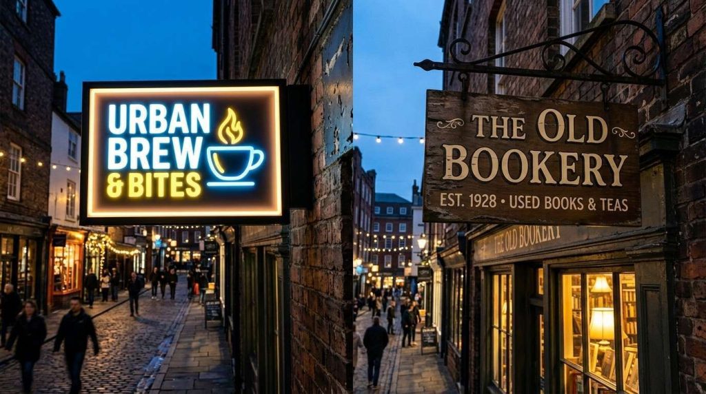 Side-by-side view of a modern illuminated light box sign glowing brightly next to a simple non-illuminated traditional shop sign during evening hours.