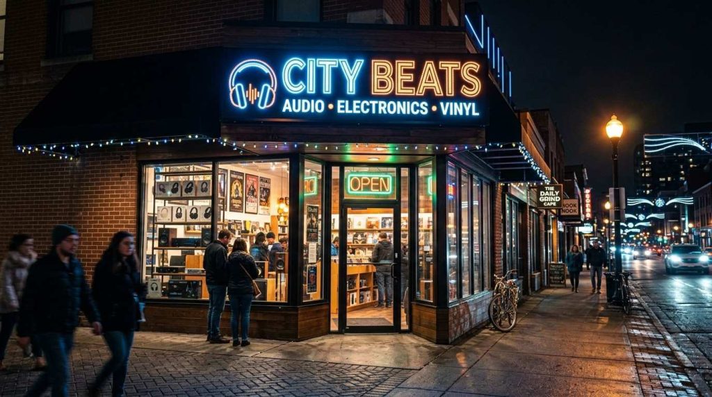 Retail shop front at night with illuminated LED signage and glowing shop signs increasing visibility and attracting customers in low light conditions