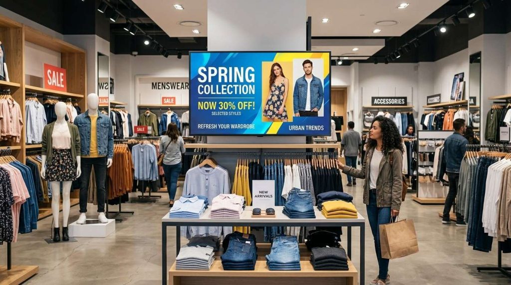 Modern retail store interior featuring digital signage screen displaying promotional offers and interactive content for customer engagement