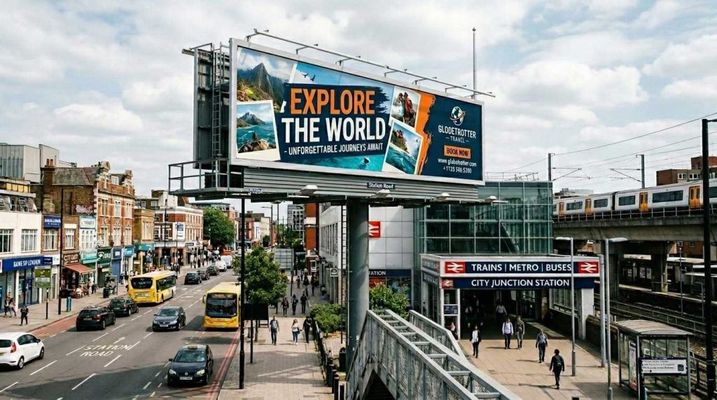 A large roadside billboard sign in a busy UK city showing a clean, simple advertisement with bold typography and vivid colours, surrounded by moving traffic and passers by during daytime.