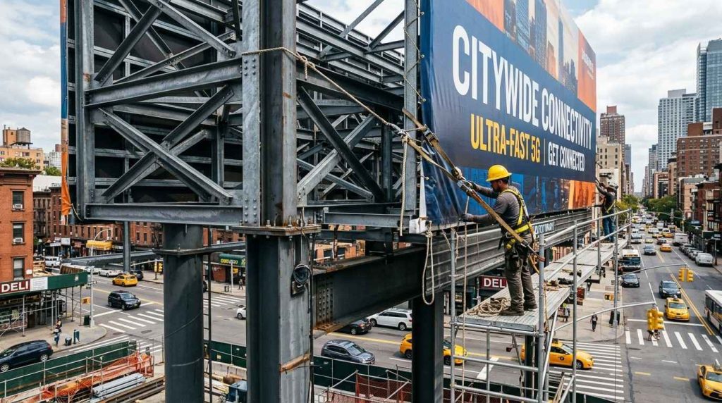 (Close view of a billboard frame made from metal steel poles supporting a large vinyl advertisement, showing durable outdoor construction materials and installation setup in an urban environment.) Billboard Signs
