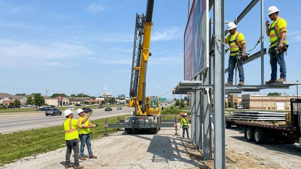 (A certified billboard installation team using lifting equipment to securely install a large outdoor billboard while wearing safety helmets and high-visibility clothing.)billboard sign maker 