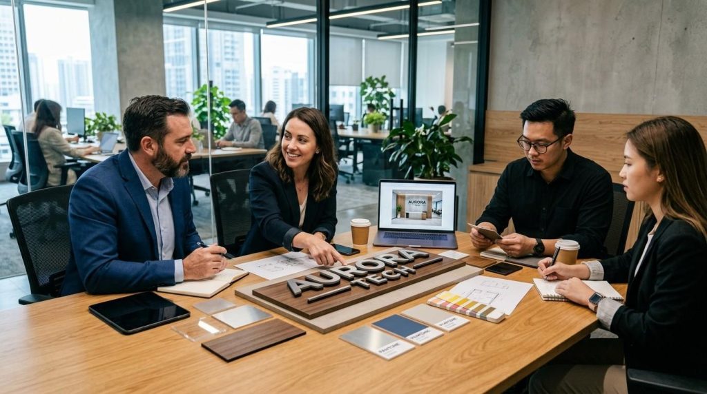 Business team discussing a custom 3d wall signage project in a modern office with branding samples placed on a meeting table