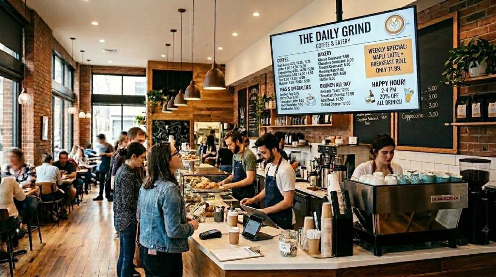 A café interior featuring a digital display screen used as a menu board showing food items, prices, and promotional offers for customers.