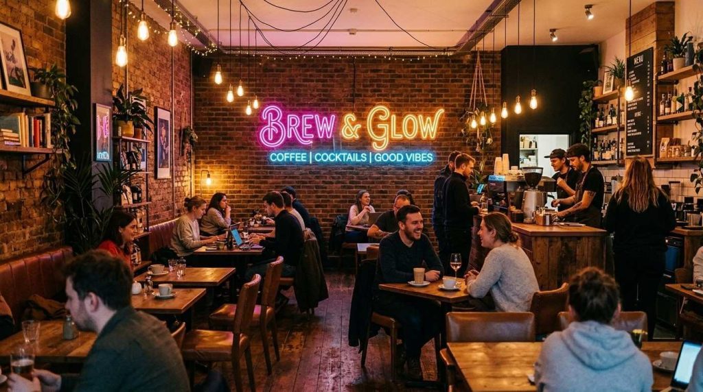 Stylish café interior with warm ambient lighting and a custom neon sign on the wall creating a welcoming and energetic atmosphere for customers”
