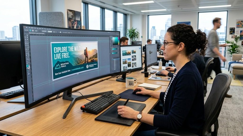(A graphic designer reviewing a billboard advertisement on a large computer screen, adjusting colours, logo placement, and text layout in a professional office setting.)billboard sign maker 