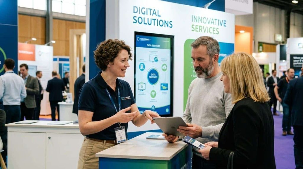 Exhibition stand staff engaging visitors using a touchscreen display and digital tools to explain services and create interactive brand experiences.