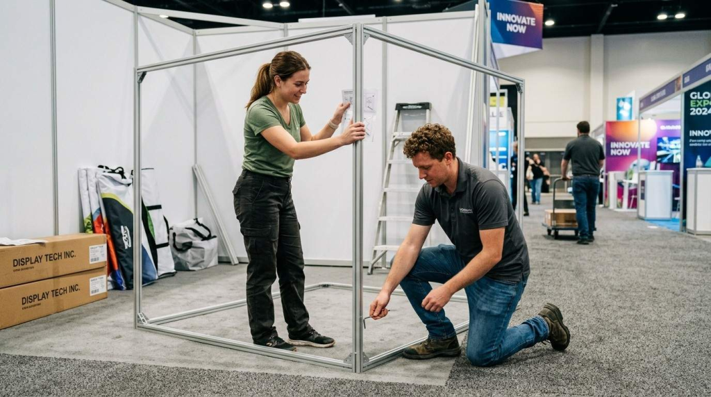  (Two people assembling a lightweight tension fabric light box frame at an exhibition stand, showing tool-free setup in a trade show environment. ) light boxes