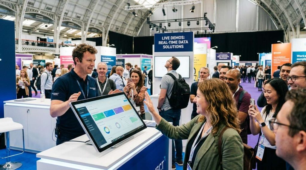 Live product demonstration at an exhibition stand attracting visitors, showing interactive engagement and real-time showcasing of services or products.