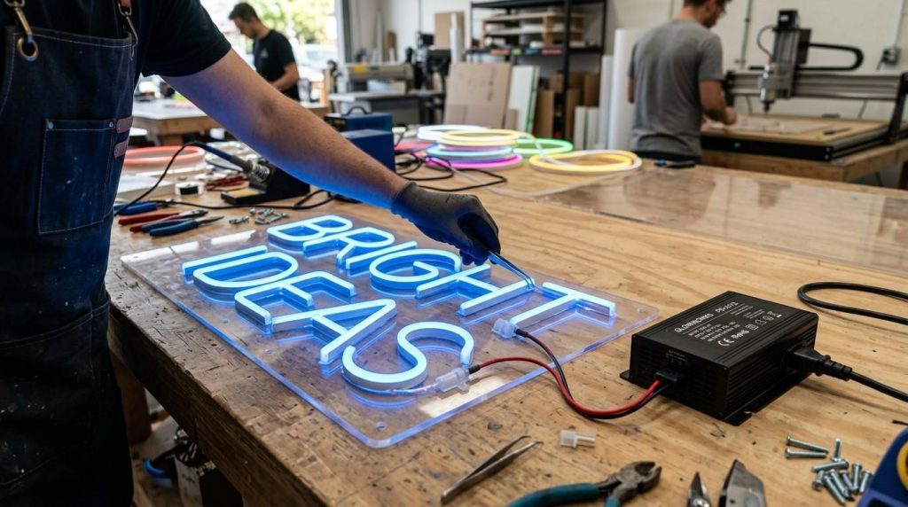 (Close-up view of a custom LED neon sign during production, showing precision cut acrylic backing, carefully shaped neon tubes aligned to exact specifications, and an attached power supply unit ensuring safe and stable operation in a professional signage workshop.)custom design neon signs 