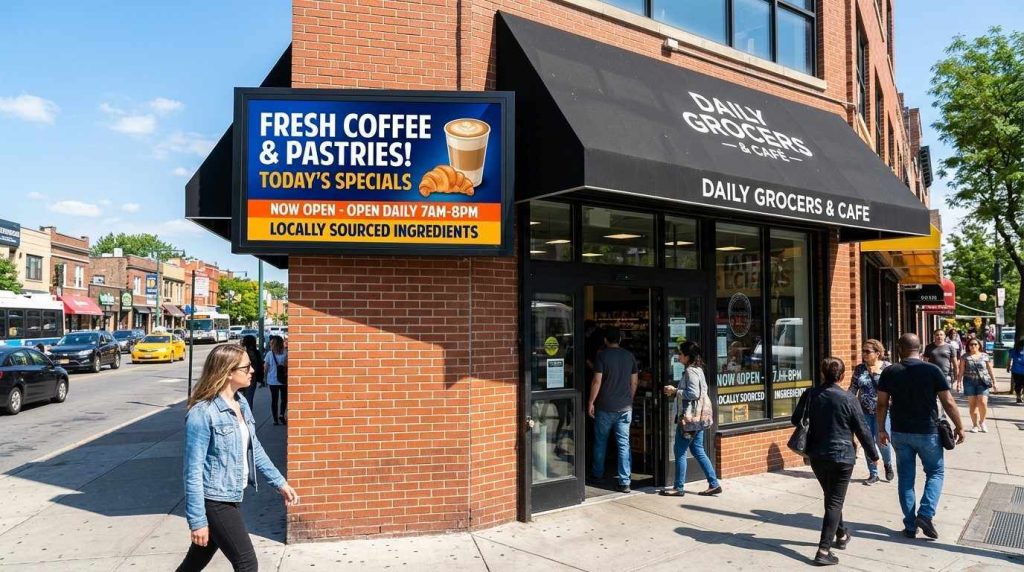 An outdoor digital display screen installed on a storefront showing bright, high-visibility advertisements clearly readable in direct sunlight.