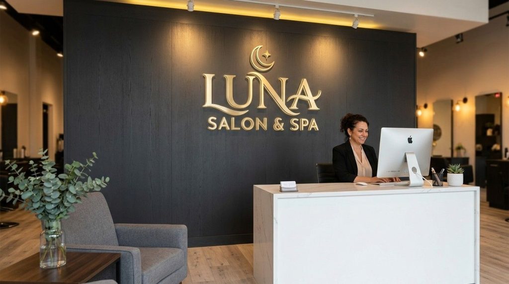 A 3D built-up acrylic logo sign mounted on a dark feature wall behind a white salon reception desk with warm overhead lighting