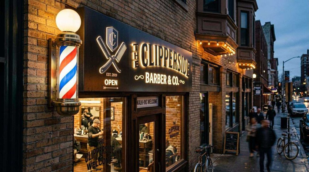 Traditional barber pole beside a modern illuminated Barber Shop Signs Manchester
combining classic and contemporary design styles.