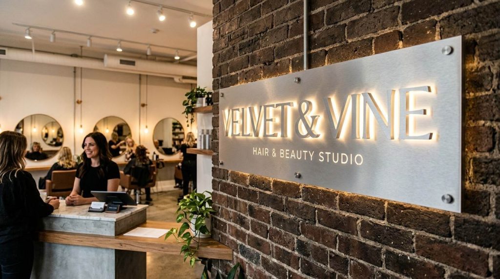 (A freshly installed brushed aluminium salon sign with halo lit 3D lettering mounted on a brick exterior wall photographed in the evening with the illumination visible)salon signage
