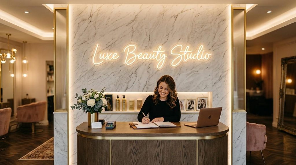 (A script-style champagne gold LED neon sign on a marble wall behind a salon reception desk with soft ambient lighting)Discover the top luxury beauty salon signs trending in 2026. LED neon, shopfronts, window graphics and more. Serving salons across Manchester and the North West.
