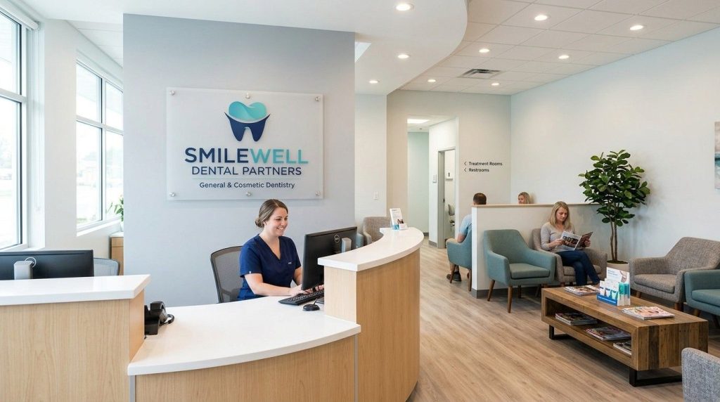 A bright clean dental practice reception area with a professionally mounted acrylic branded sign on the wall behind the front desk and a welcoming waiting area visible in the background