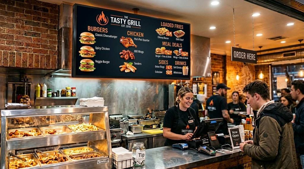 Digital menu screen mounted above a takeaway counter displaying food images and prices