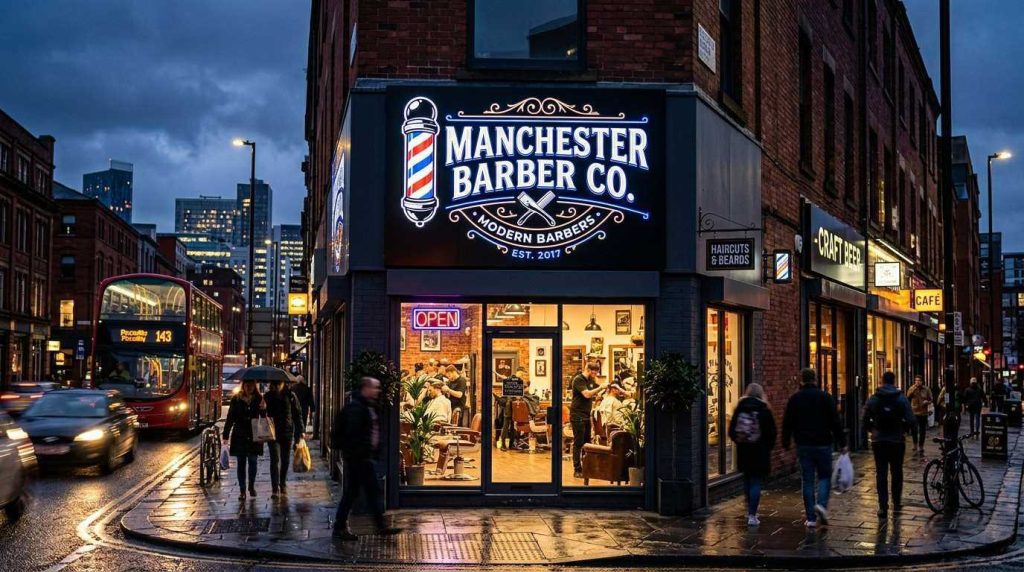 LED illuminated barber shop signs Manchester mounted above a modern shopfront in Manchester during evening hours.