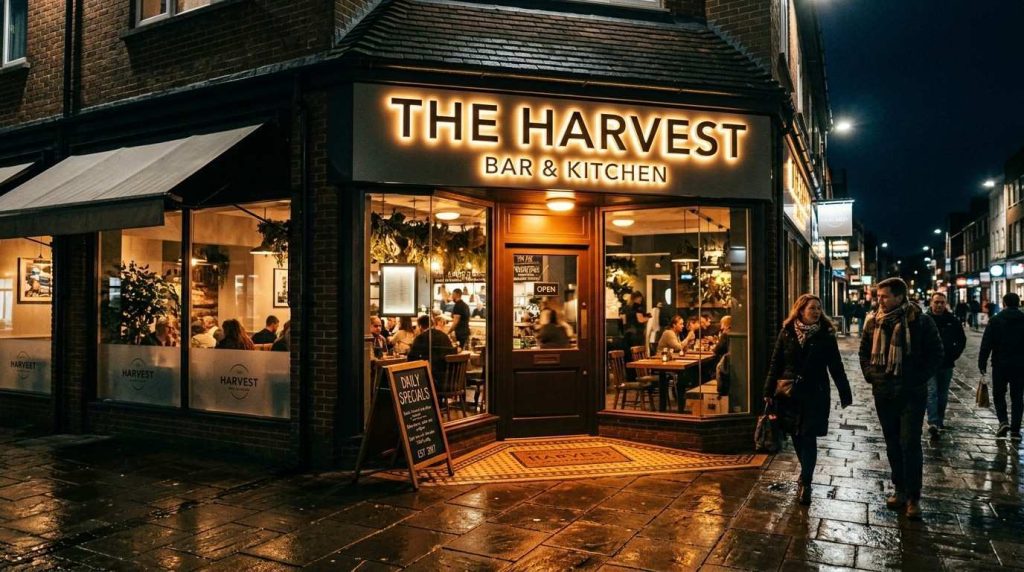 A modern UK restaurant shopfront at night with bright LED illuminated channel letter signs above the entrance casting a warm glow onto the pavement below