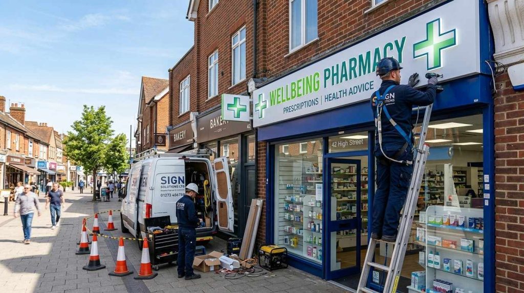 A professional signage installer fitting a bespoke illuminated fascia sign onto the exterior of a pharmacy shopfront, with a white van and equipment visible on the pavement below on a clear day.