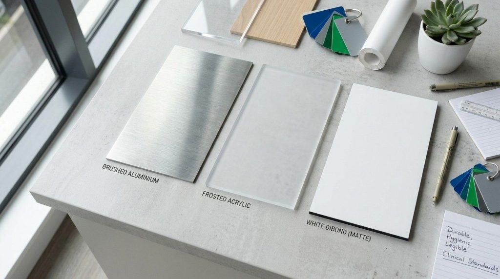 (A flat lay of different signage material samples including brushed aluminium, frosted acrylic and white Dibond panels arranged on a clean surface showing texture and finish variations) dental practice signage