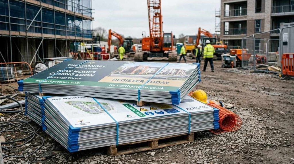 Stack of aluminium composite hoarding boards with printed vinyl graphics ready for installation on a UK construction site