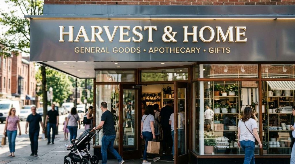 Clean and well-maintained illuminated storefront sign above a busy retail shop attracting customers during daytime trading hours. 