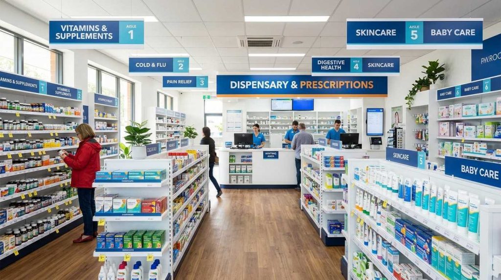 (The interior of a bright, well-organised pharmacy with clear overhead aisle category signs in branded colours, neat product shelving, and a visible dispensary counter at the far end of the store.
): pharmacy signage ideas