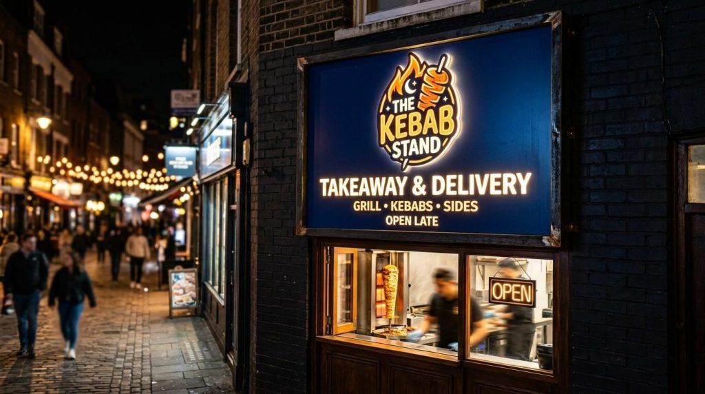 Illuminated takeaway sign above a shopfront on a busy UK high street with pedestrians walking past during the day