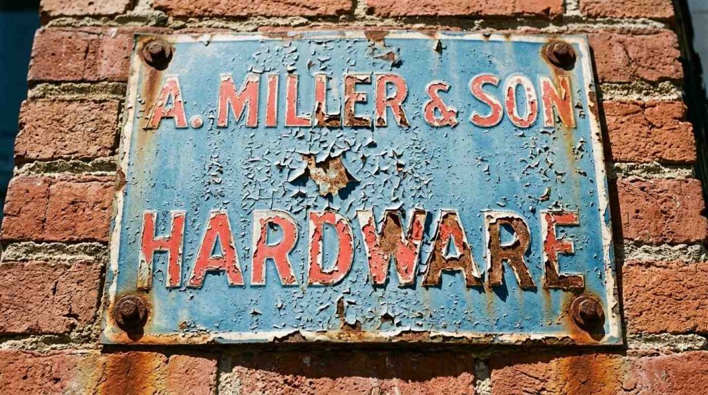 Exterior business low sign maintenance with visible colour fading and weathering caused by prolonged UV exposure and outdoor conditions. 