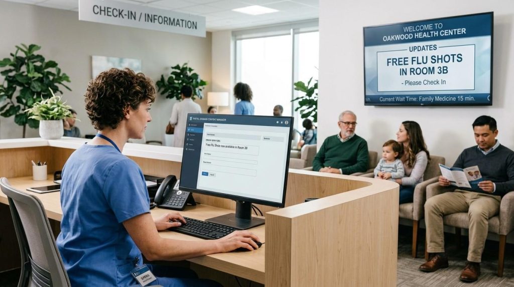 A healthcare receptionist updating information on a digital signage management system while patients view the updated content on a nearby display