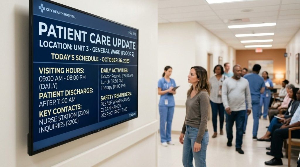 NHS digital signage solutions displayed in a bright NHS hospital waiting room, where patients look towards a digital information screen showing appointment updates and healthcare messages.