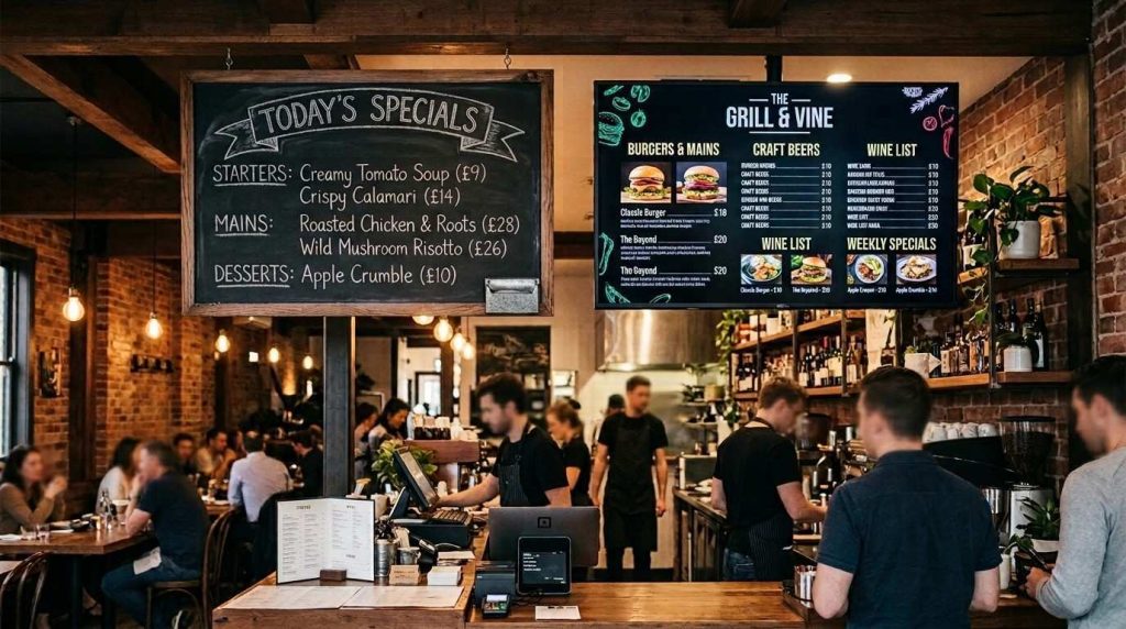 Digital menu board screen and a traditional chalkboard menu displayed in the same restaurant interior