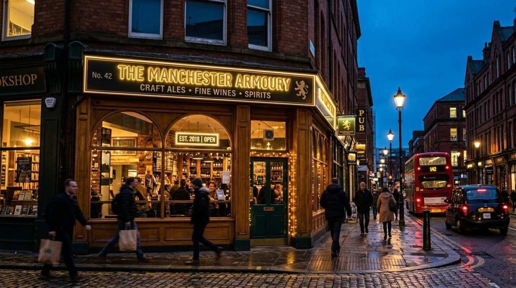 Illuminated fascia sign above a Manchester shop entrance lit up at dusk