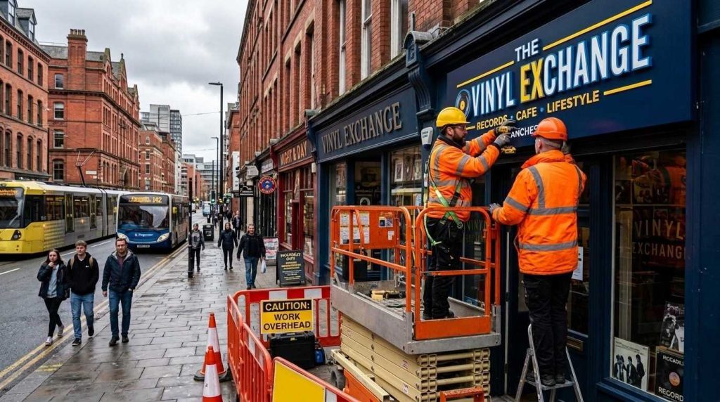 Professional installers fitting a Manchester shop front signs