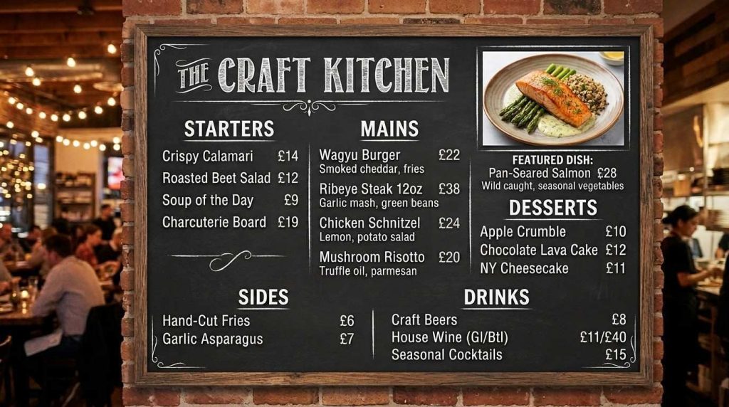 Restaurant menu board with ample whitespace between sections and a single featured dish photograph in the top right corner
