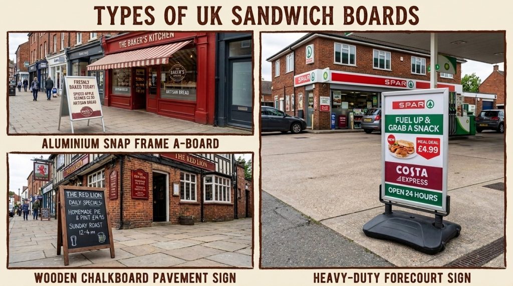 Different types of sandwich boards including an aluminium snap frame A-board, wooden chalkboard pavement sign and heavy-duty forecourt sign displayed outside various UK businesses.