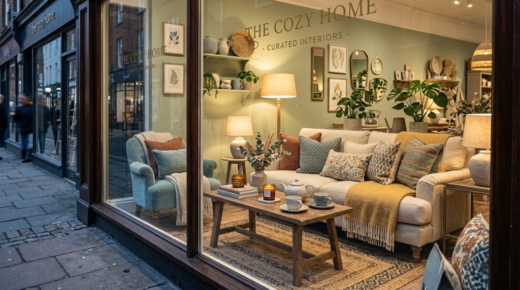 Homeware store window display showing a coordinated living room setup with cushions, lamps, tableware, and decorative accessories arranged as a complete room scene.