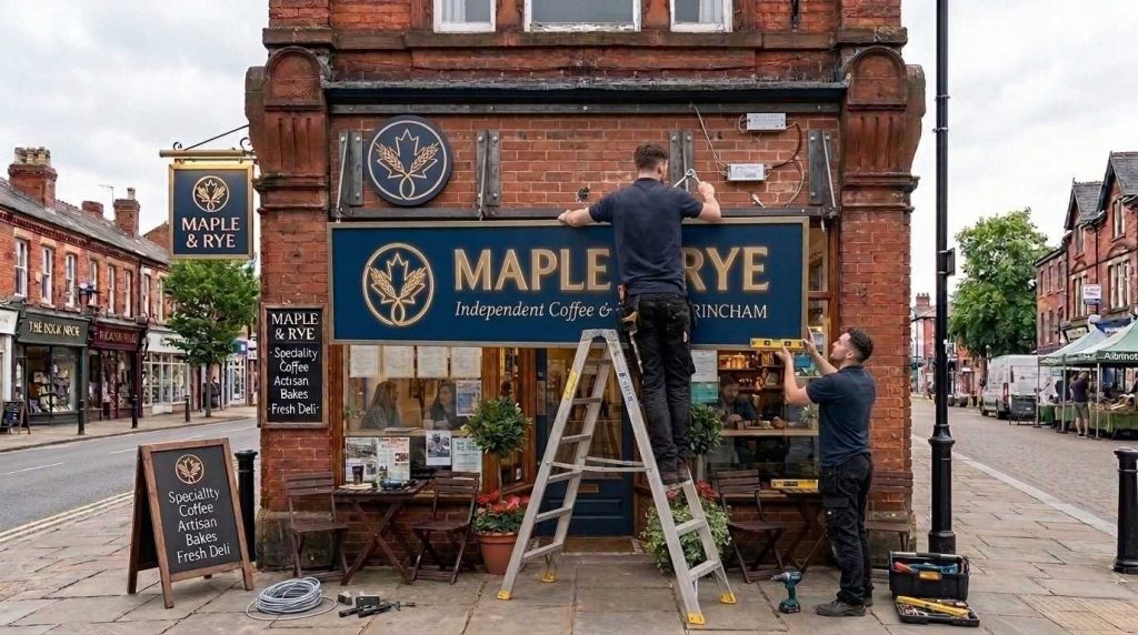 Msigns installer securing the Maple & Rye illuminated sign to the exterior wall of the Altrincham shop front, using mounting brackets and hand tools.