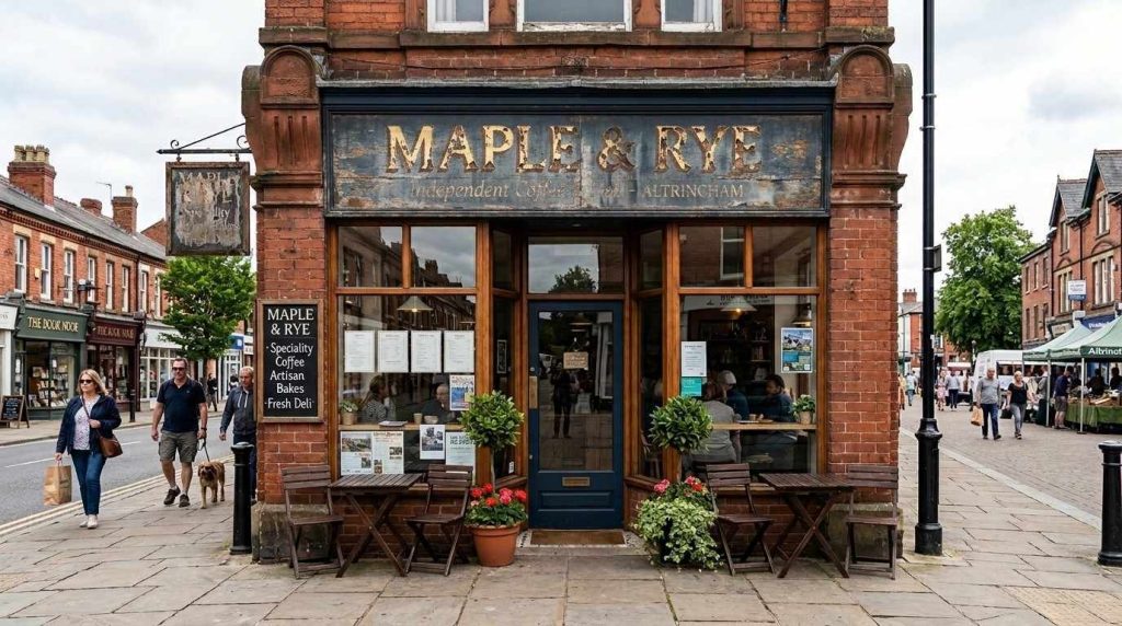 Exterior view of Maple & Rye, an independent coffee and deli shop in Altrincham, Greater Manchester, showing the old unlit fascia sign above the entrance before the Msigns installation.