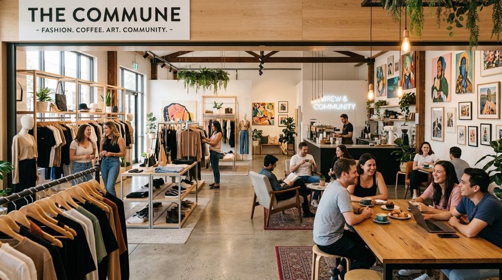 Customers relaxing inside a contemporary concept store with fashion displays, a coffee shop seating area and artwork creating a welcoming community atmosphere.