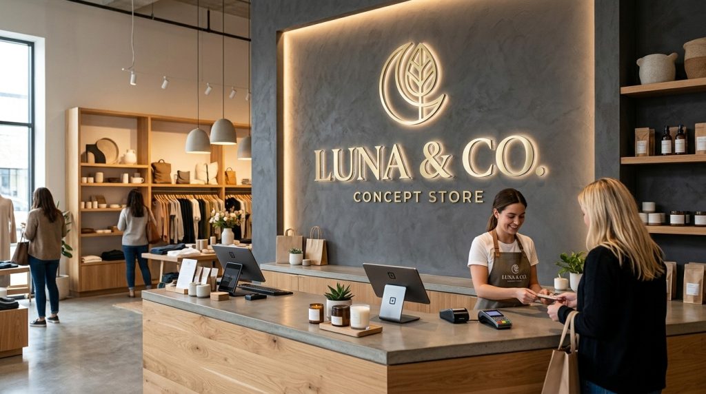 Customers relaxing inside a contemporary concept store with fashion displays, a coffee shop seating area and artwork creating a welcoming community atmosphere.