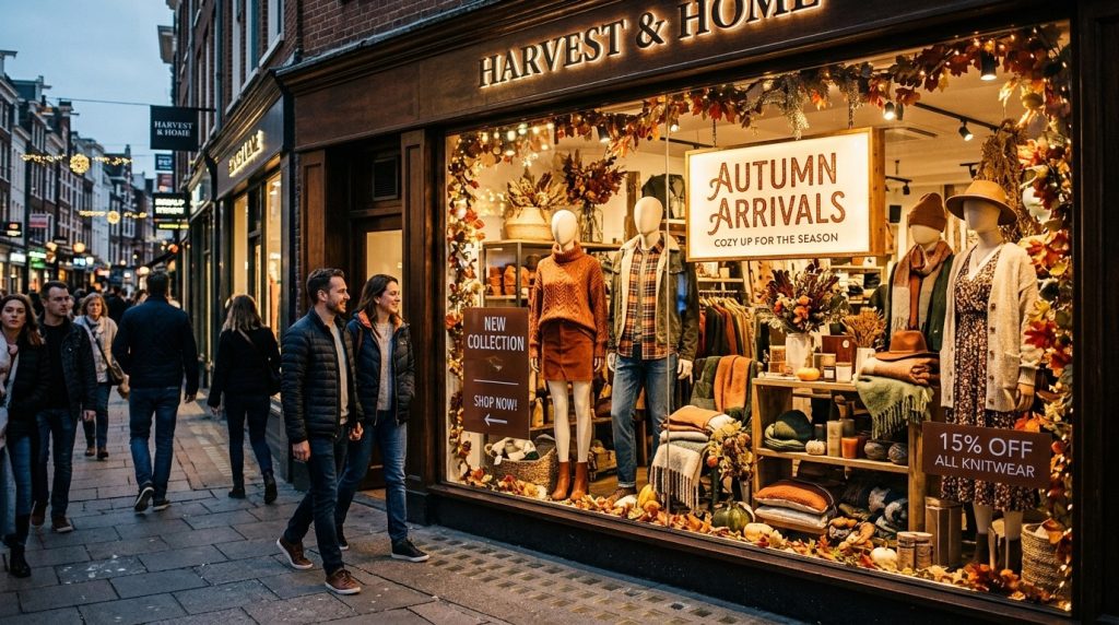 Retail shop window featuring a seasonal product display with coordinated colours, promotional signage, mannequins and carefully arranged merchandise attracting pedestrians outside the store.