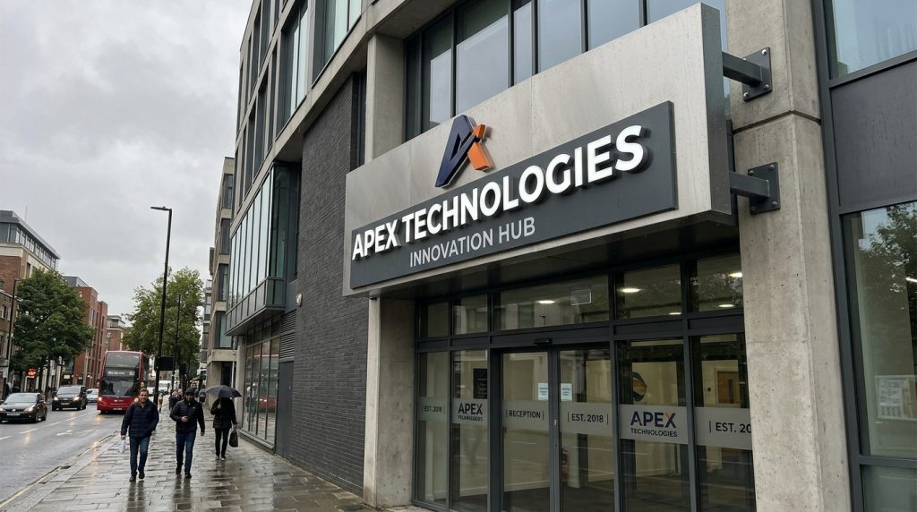 Outdoor business sign installed on a modern commercial building, showing a durable professional exterior sign exposed to normal UK weather conditions.